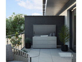 Hormann Juno duża metalowa skrzynia ogrodowa balkonowa tarasowa zamykana schowek szare aluminium RAL 9007